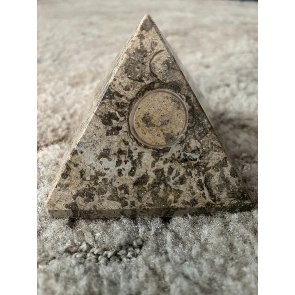 Vintage Fossil Limestone Pyramid Paperweight Orthoceras Ammonite Stone Decor 3